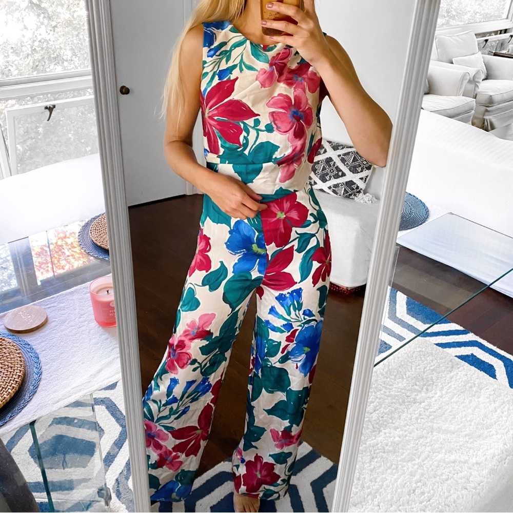 🌺 ZARA BOHO GREEN PINK MULTI SATIN WIDE LEG JUMPSUIT!
